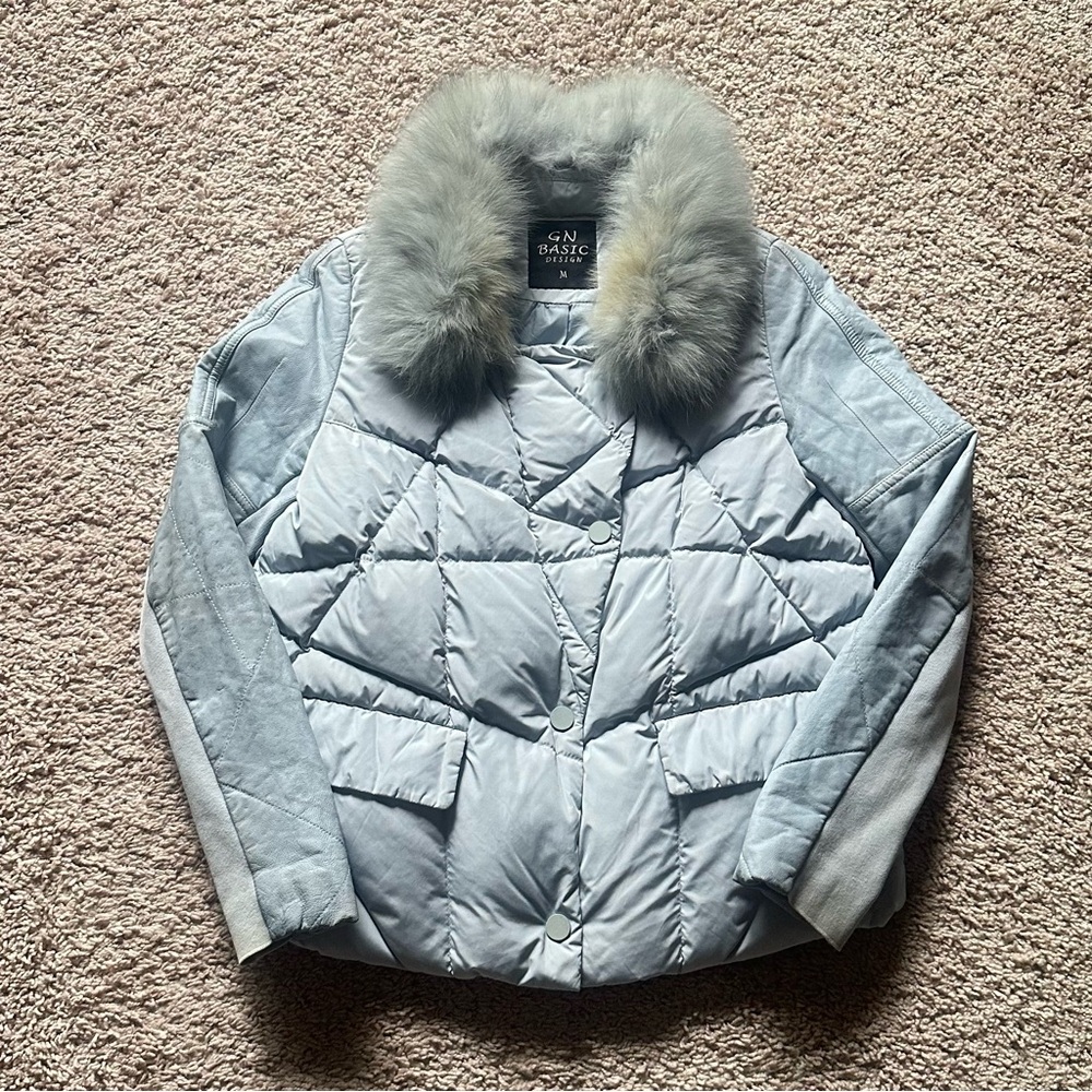 Korean Smog Blue Short Down Jacket | Real Fox Fur Collar | Leather Knit Sleeve